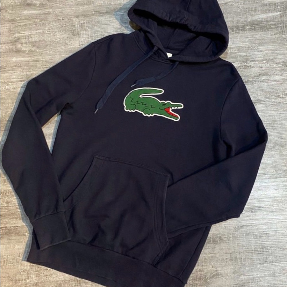 Lacoste Men's Navy Hoodie with Green Logo